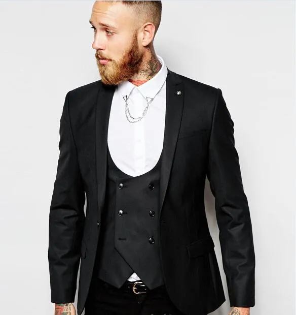 Węgiel Trzy kawałek Groom Tuxedos Peak Lapel Center Vent Man Wedding Garnitur Przystojny Mężczyźni Business Dinner Prom Blazer (Kurtka + spodnie + krawat + kamizelka) 31