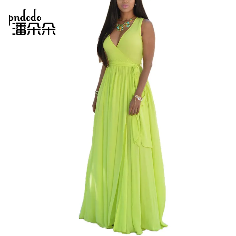 Pndodo PLUS SIZE 2018 Summer Women Chiffon Long Maxi Dress Ladies Casual Deep V Neck High Split Dress Sexy Party Beach