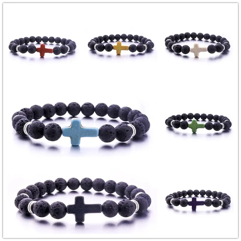 8mm naturel noir pierre de lave perles croix bracelet à breloques huile essentielle parfum diffuseur Bracelets femmes Yoga bijoux