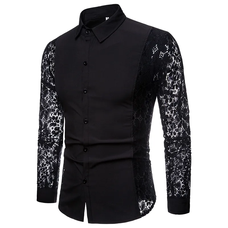 2018 New Autumn Black White Patchwork Lace Shirt Men Transparent Sexy Party  Long Sleeve Dress Shirts Camisa Social Masculina От 2 046 руб. | DHgate