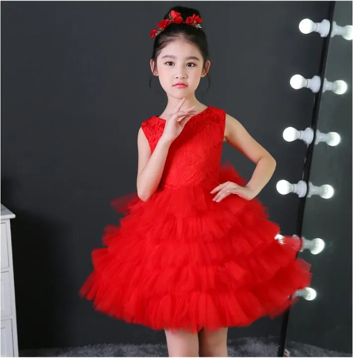 Girl's Pageant Dresses High-Quality White Red Puff Skirt Child Eauty Pageant Round Neck Lace Spring Summer Children Flower HY086