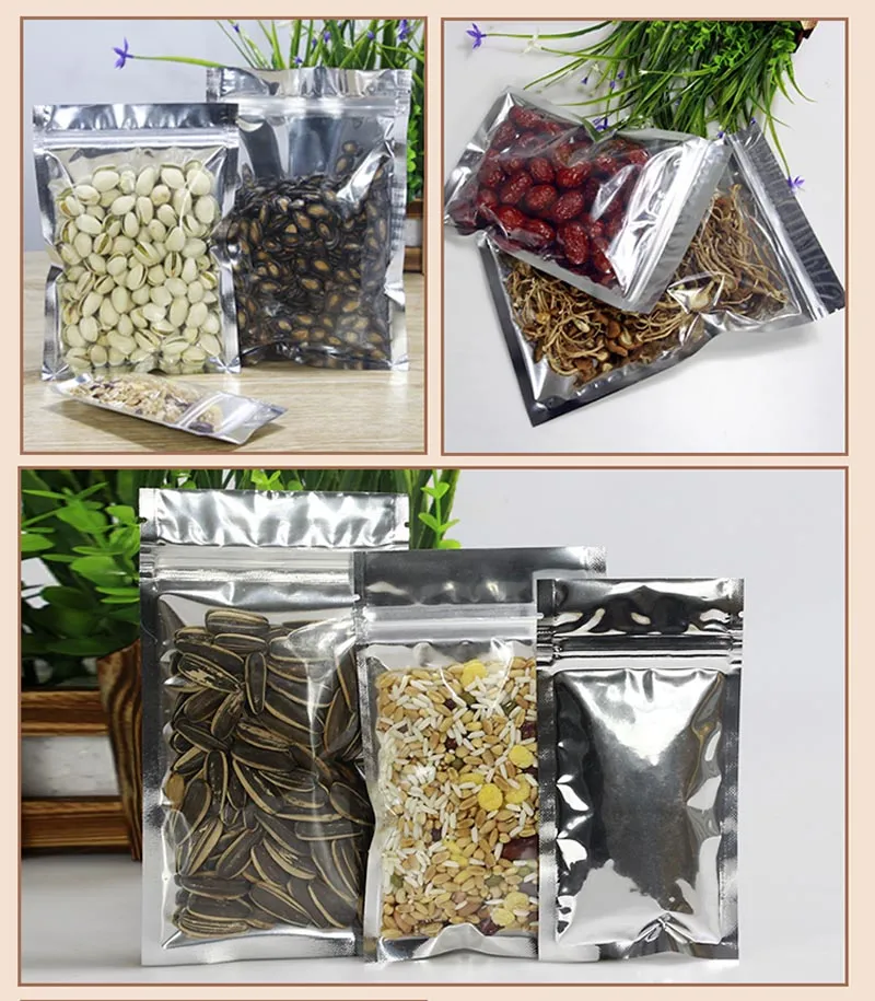 Clear Aluminum Foil Bag Silvery Metallic Plastic Packaging Baggies Pouch for Food Tea Candy Cookie Baking Tobacco Herb