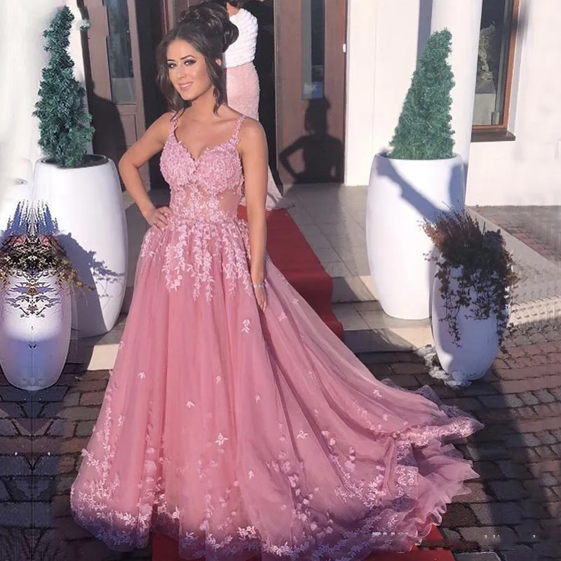 Sexy Pink Puffy Skirt Prom Dresses Spaghetti Strap Backless Tulle Celebrity Gown Lace Appliques Long Train Special Occasion Dress