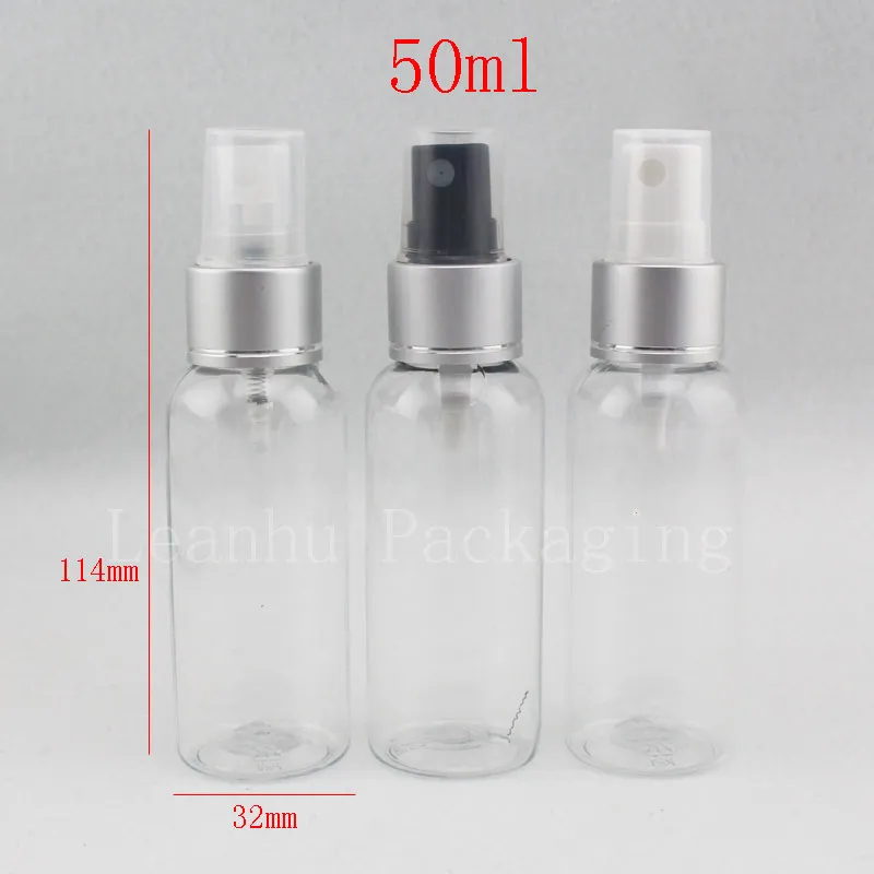 Partihandel 50ml x 50 Clear Cosmetic Bottle Silver Aluminium Collar Spray Pump 50cc Parfym Tom Plast Pistra Sprayer Flaskor