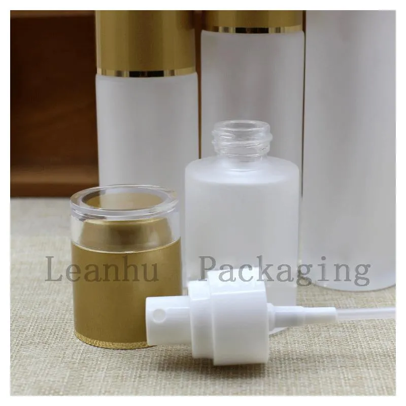 Wholesale Women Frosted Glass Spray Bottle For Toner, Essence of The Container, Golden Acrylic lid, Cosmetic Packaging Bottle