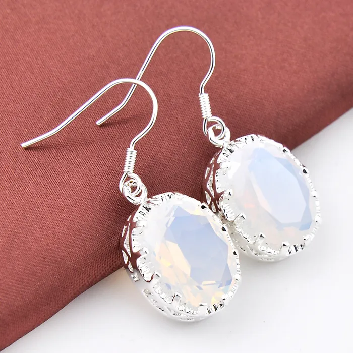 925 Silver Luckyshine Fashion Oval White Moonstone Hook Drop Earring Jewelry For Women 1" inch