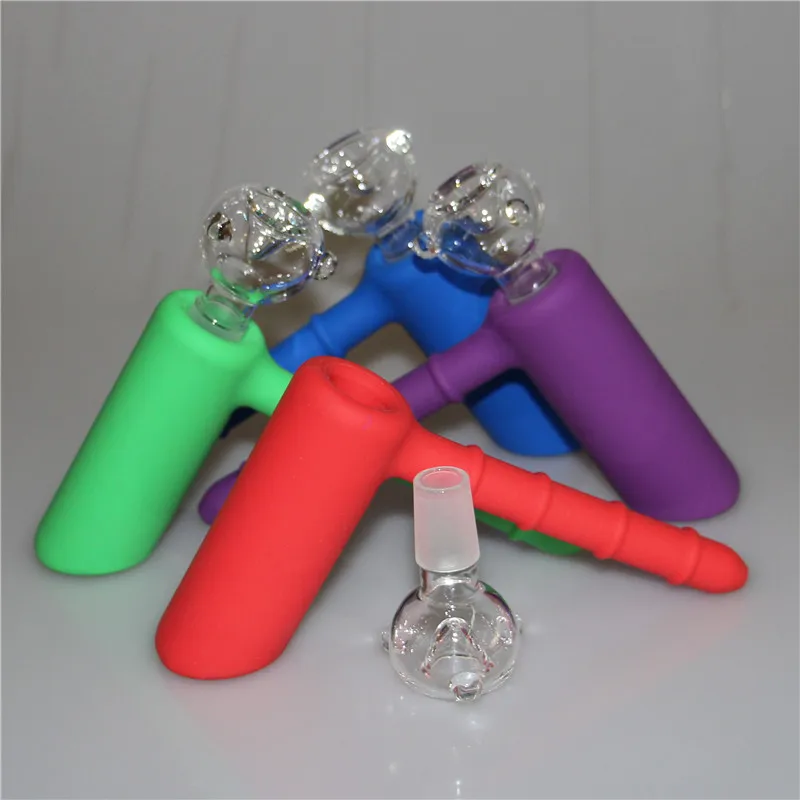 Silicone Smoking Water Pipes Hookah Unbreakable Perc Water Bongs Hammer Bubbler With 18mm Male Glass Bowls Silicon Bong