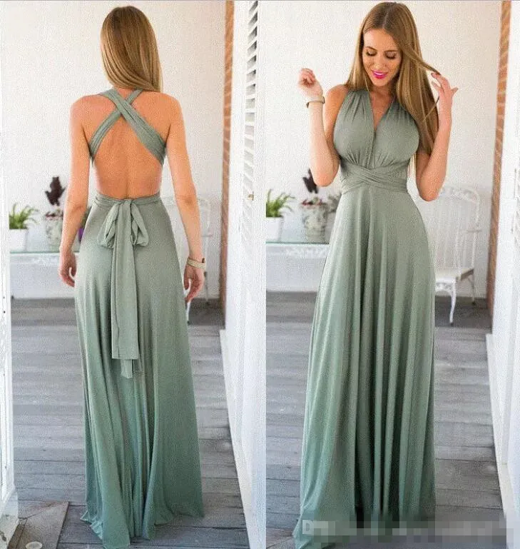 Lange sexy rugloze bruidsmeisjekleding Ruches Sjerp Vloerlengte Bruidsmeisjesjurk Chiffon Goedkope bruiloftsjurk