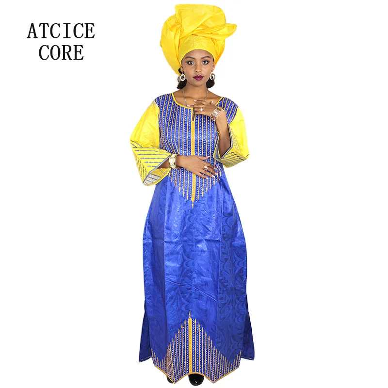 Vêtements ethniques robes africaines pour femmes mode nouvelle robe de conception de broderie bazin robe longue avec écharpe deux pièces un ensemble A068 #