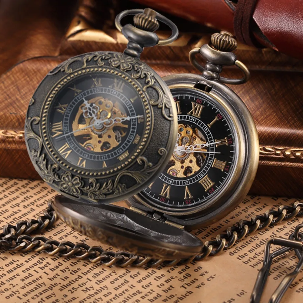 Vintage mecánico bolsillo Fob collar reloj Steampunk hombres bronce esqueleto antiguo bolsillo Fob relojes cadena reloj