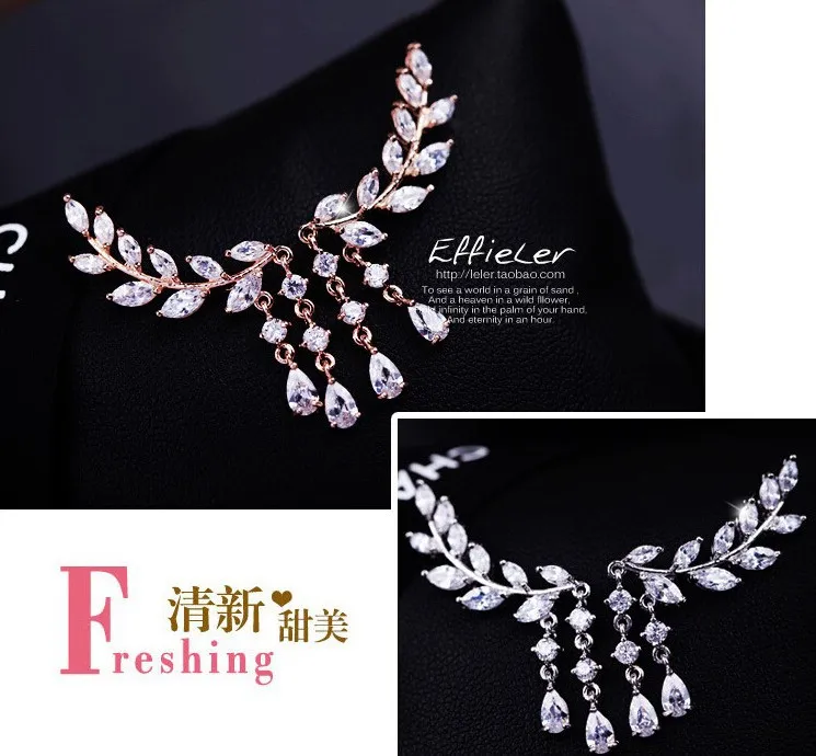 Hot New fashion Pretty New sweet flash diamond popular leaf leaves tassel crystal drops Earring HJ179