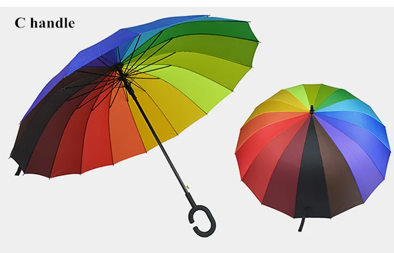 C Hook Rainbow Umbrella Long Handle 16K Straight Windproof Colorful Pongee Umbrella Women Men Sunny Rainy Umbrella HH7-1116