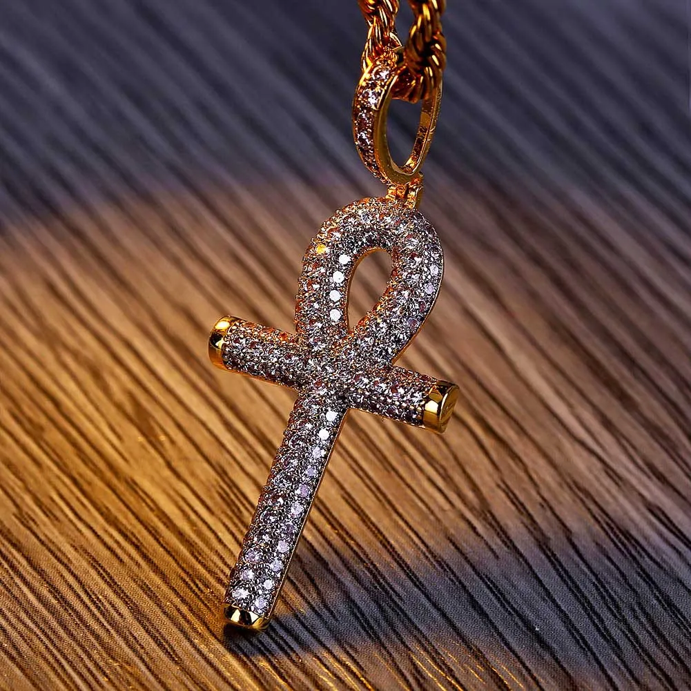 Hip Hop Egyptian Ankh Key Cross Pendant Necklace Iced Out Gold Silver Color Plated Micro Paled Zircon Pendant Necklace308i