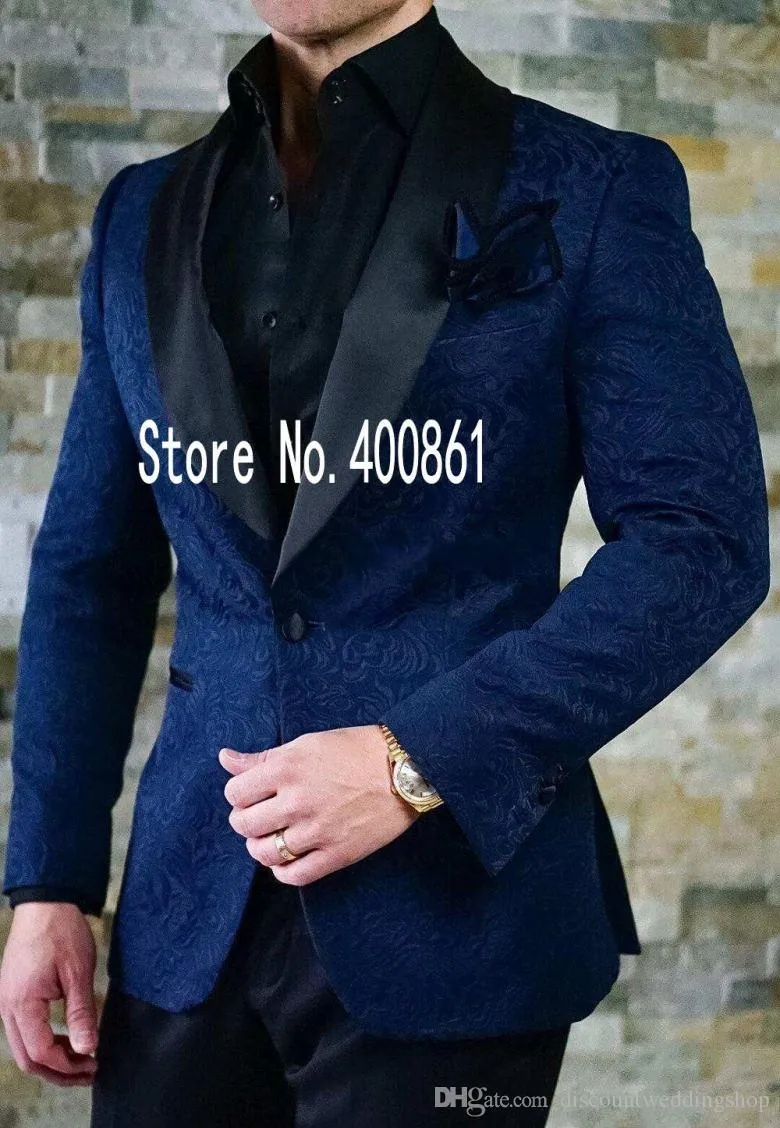 Handsome Groom Tuxedos One Button Navy Blue Paisley Shawl Lapel Groomsmen Bästa Man Suit Mens Bröllopskläder (Jacka + Byxor + Tie) J706