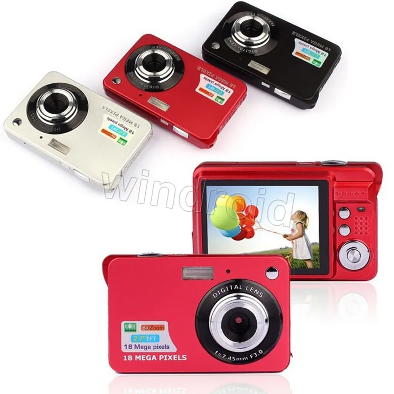 2.7 인치 TFT HD 디지털 카메라 18MP 8x 줌 비디오 카메라 미소 캡처 미니 카메라 손떨림 방지 디지털 캠코더 3 색 무료 DHL 