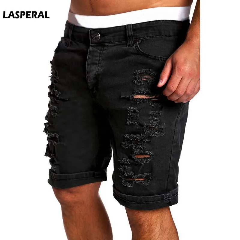 LASPERAL Fashion Ripped Hole Denim Shorts Men Black White Slim Skinny Straight Casual Jeans Shorts Men Vintage Low Waist