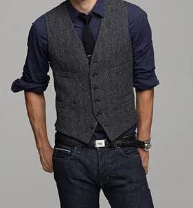 2018 Vintage Grey Chalecos de lana de tweed delgado traje de hombre chaleco por encargo de 2018 Vintage Grey Chalecos de lana de tweed delgado traje de hombre chaleco por encargo de