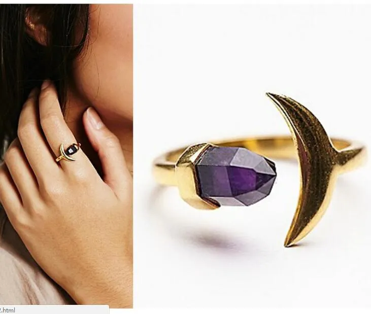 موضة الذهب اللون حجر الجمشت الطبيعي خاتم سداسية المنشور القمر الدائري للنساء مجوهرات