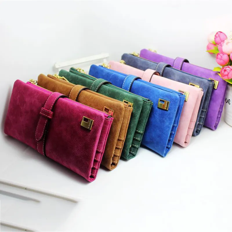 Hot Fashion Women Wallets Drawstring Nubuck Leather Zipper Wallet Women Purse Two Fold Clutch Long Ladies Leather Wallet Brand