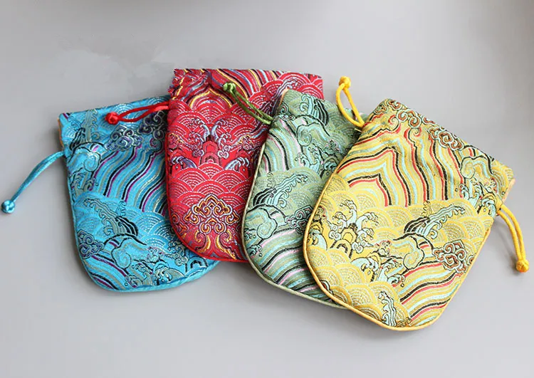 Seawater Small Drawstring Pouches Chinese Silk Brocade Jewelry Pouch Gift Bag Handmade Cloth Bags with Lining 10.5x12.5cm 