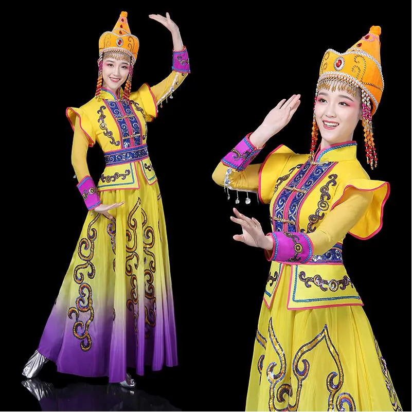 Nuevo diseño, ropa larga de danza mongol, vestido de minoría étnica, actuación china, ropa de danza folclórica, ropa de escenario, disfraces elegantes para cantantes