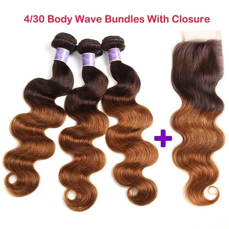 Ombre Brazylijska Blondynka Ludzkie Wiązki Włosów Z Zamknięciem Tanie Wave Wave Splot Z Koronkowym Zamknięciem Dark Brown Virgin Hair Extension