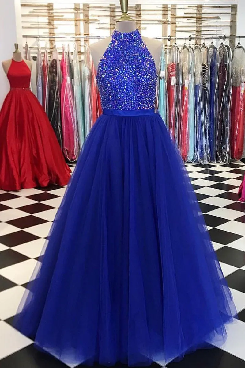 2018 Cheap Prom Dress High Neck A line Royal Blue Rhinestones Bodice Tulle Dresses Evening Party Wear Formal Pageant Dress Gowns