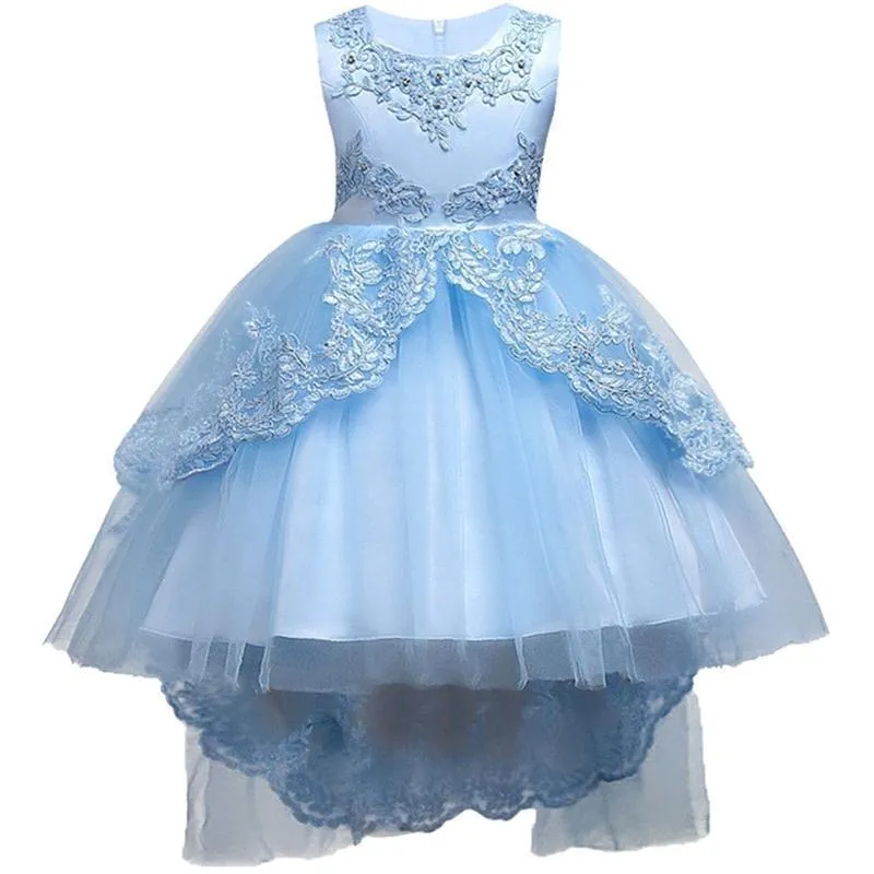 Pretty Lace Blue Puffy Flower Girl Dresses 2018 High Low Lace Appliques Communion Dresses Pageant Klänningar för små tjejer MC1458