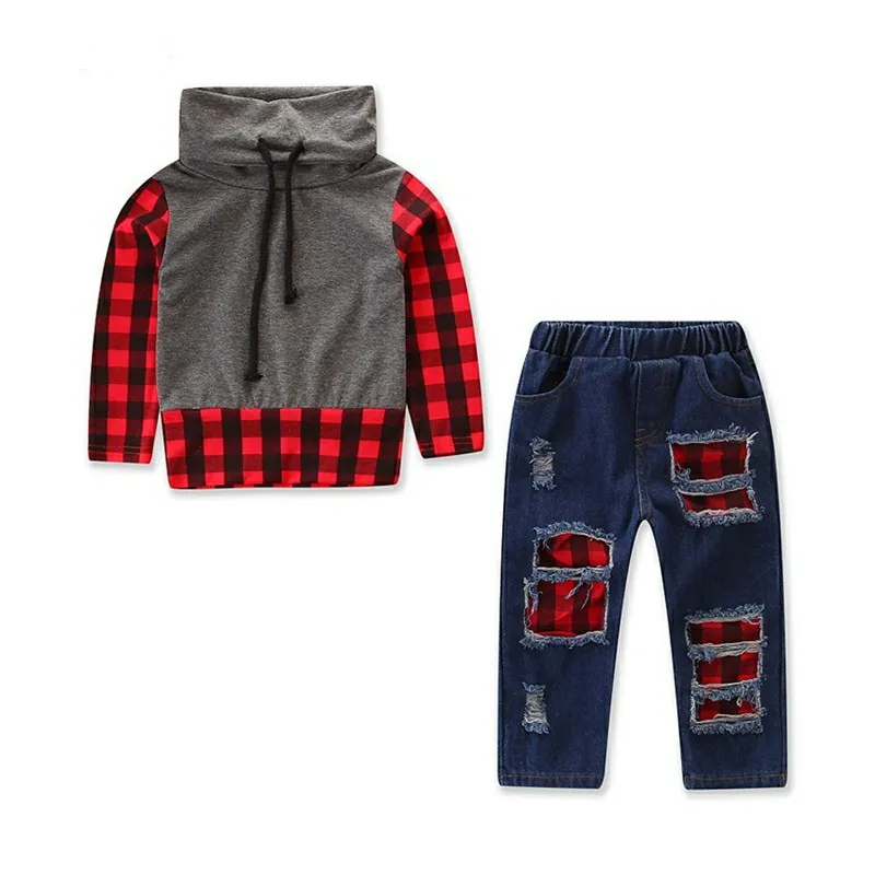 Baby Jungen Kleidung Hosen Kinder Kleinkind Casual Checks Stehkragen Tops + ausgefranste Jeans 2 Stück Set Herbst Kinder Kleidung Sets