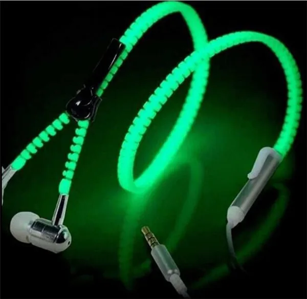 Luminous Glow Light Metal Zipper Earphone Glow In The Dark Zipper Earphone Wired Headphone Headset with retail box for iPhone Sams9421188