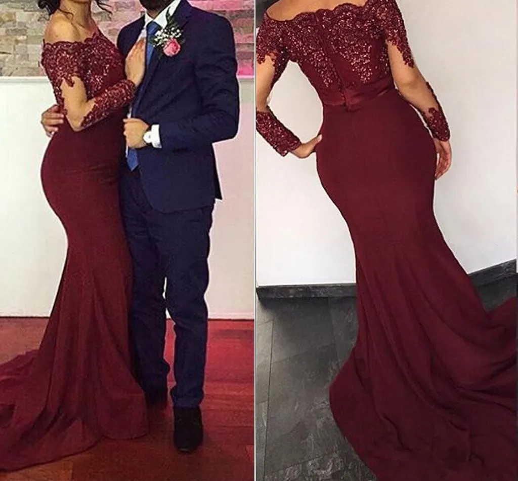 Rood 2018 Bury Mermaid Evening draagt Bateau Neck Long Sheeves pailletten uit schouderappliques satijn goedkope prom -jurken voor vrouwen