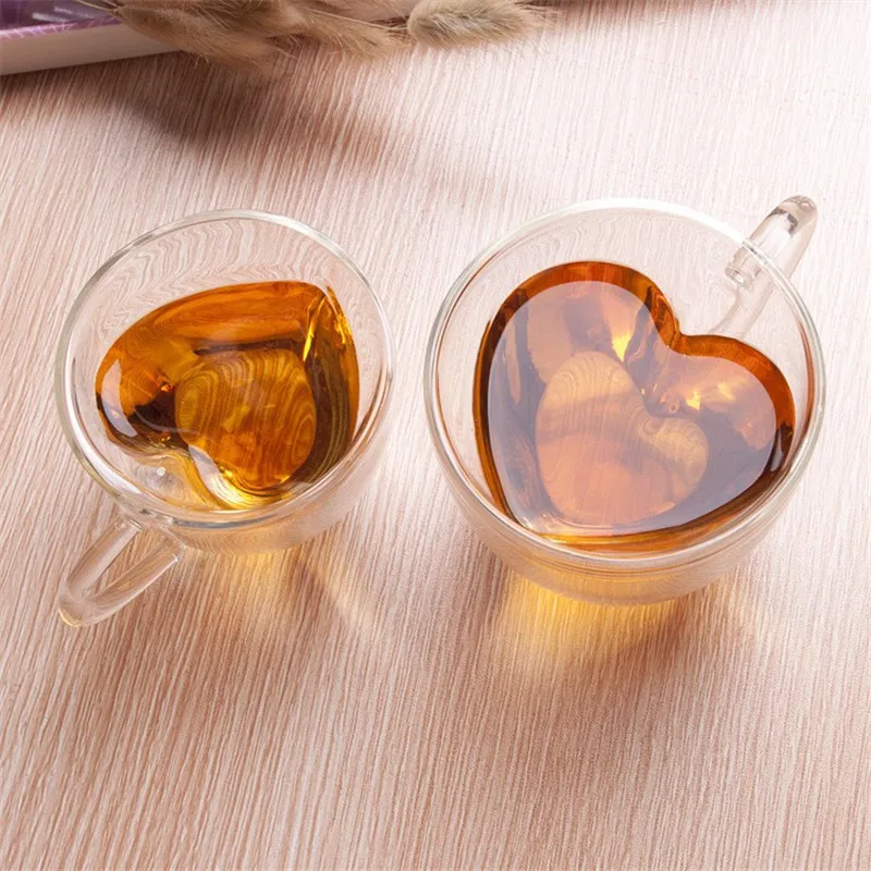Canecas de café de vidro de parede dupla 180ml 240ml transparentes em forma de coração xícaras de chá de leite com alça presentes românticos