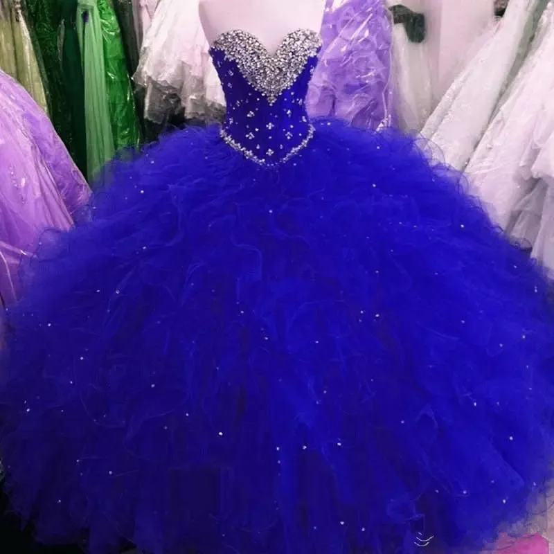 2018 Nouveau Royal Blue Sweet 16 Party Debutantes Robes Puffy Tulle Cristaux Chérie Cou Corset Retour 2017 Plus Taille Quinceanera Dr234a