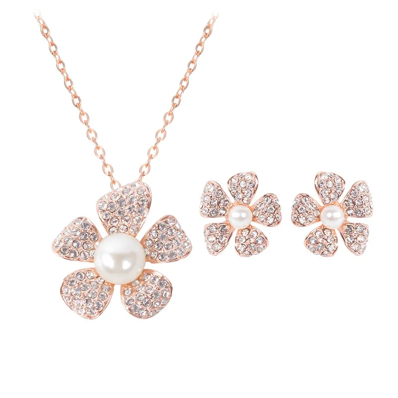 Perle Fleur Bijoux Collier plaqué or Ensemble Mode Diamant Mariage Costume Bijoux Ensembles de bijoux Party Rubis Bijoux (Collier + Boucles d'oreilles)