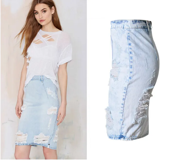 Washed Jean Skirts Women Summer Half Knee Length Split Up Zipper Design Skirts Light Denim Blue Ripped Skirt