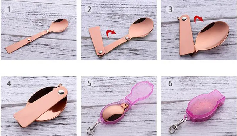 Folding Spoon Rose Gold Stainless Steel Spoons Portable Outdoor Camping Tableware With Plastic Box Buckle ZA6321