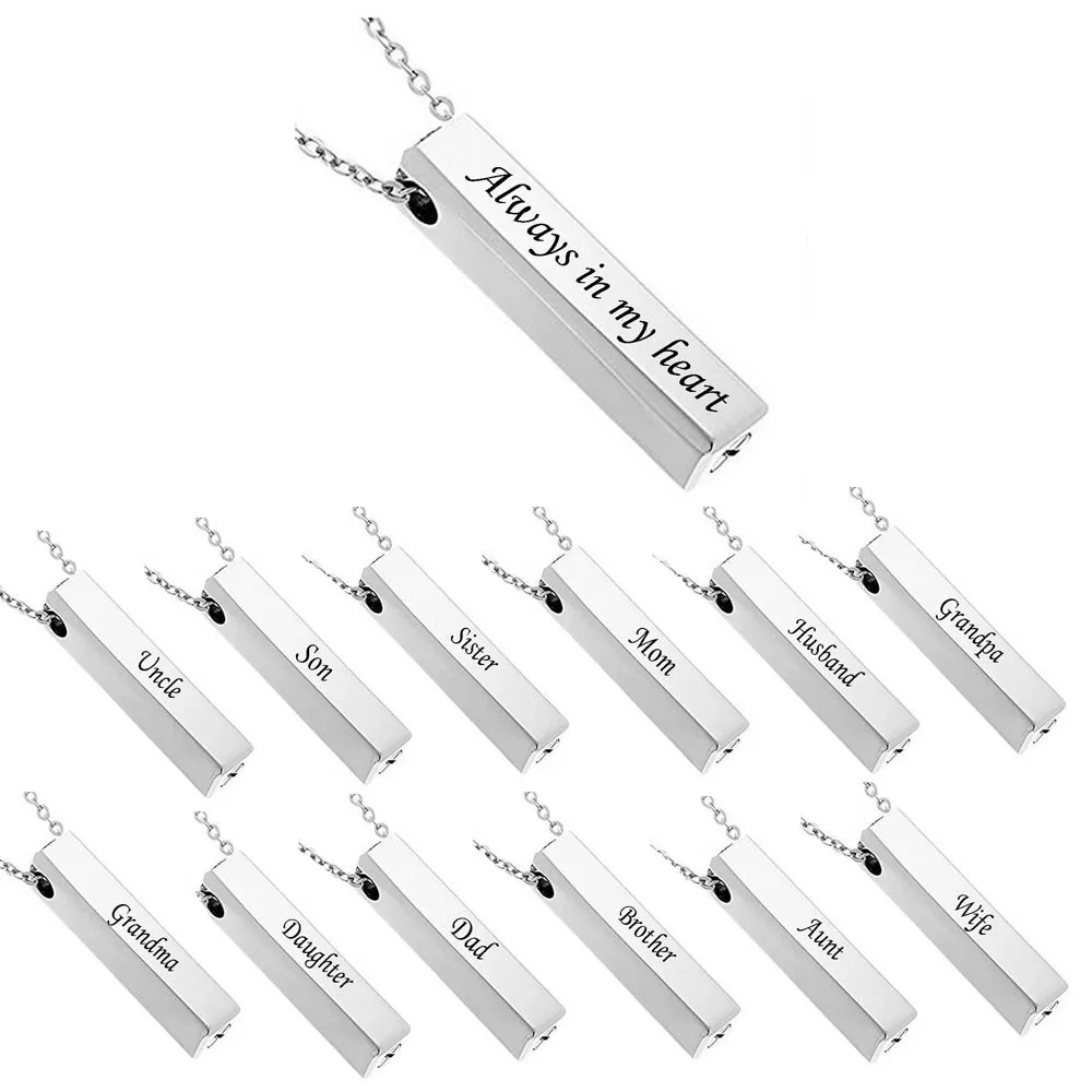 패션 항아리 보석 펜던트 스테인레스 스틸'항상 내 마음'조각 맞춤형 수직 직사각형 바 목걸이