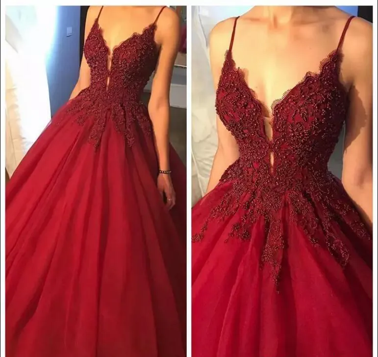 2019 Dark Red Long Prom Dress Spaghetti Straps Lace Appliques Formell Holidays Wear Graduation Evening Party Gown Custom Gjorda Plus Storlek