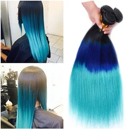 Dark Rooted #1B/Blue/Teal Three Tone Ombre Brazilian Virgin Human Hair Bundles 3Pcs Straight Ombre Human Hair Weaves Double Weft Extensions