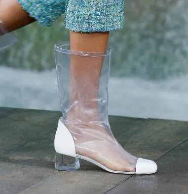 2018 Women Clear PVC Stivali alti sexy Scarpe fashion Street Style trasparenti T-stage Stivali al ginocchio e stivali al polpaccio Donna