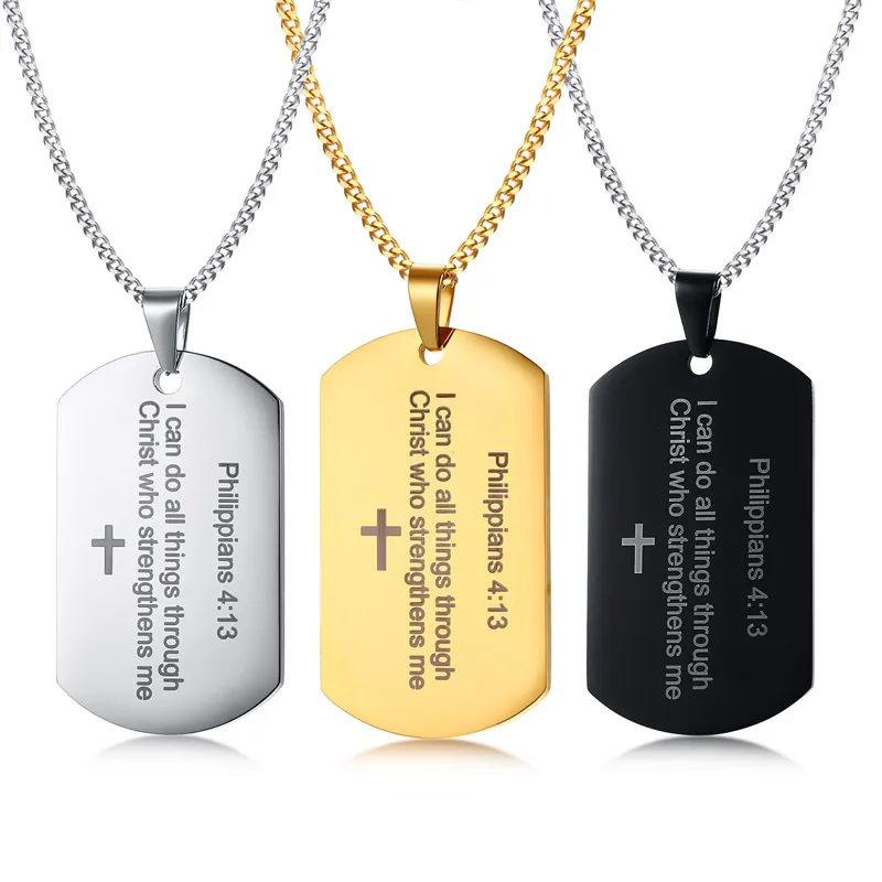 Philippians 4:13 STRENGTH Bible Verse Dog Tag Pendant Necklace Necklace in Stainless Steel - Silver، Gold، Black