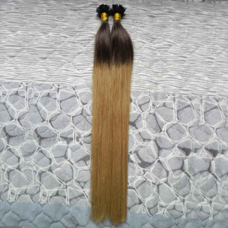 Ombre Couleur #TB/27 1g/s 16" 18" 20" 24" Remy Extension de Cheveux Humains à Pointe Plate Couleur Fusion 100% Européenne Extension de Cheveux Humains Kératine 100G