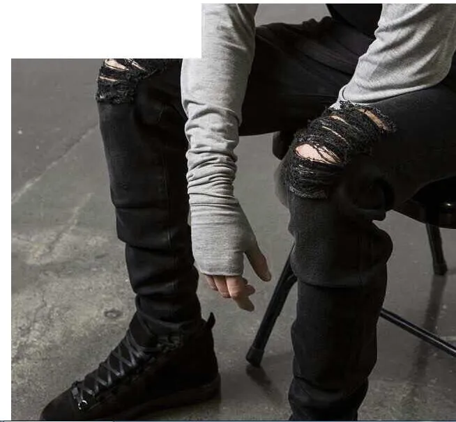 Męskie Slim Fit porwane obcisłe dżinsy rurki projektant mody w trudnej sytuacji Denim czarne biegaczy dziury w kolanach sprane zniszczone dżinsy Stretch spodnie motocyklowe