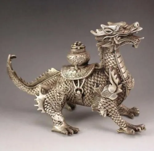 Chinese silver bronze handmade auspicious Dragon Statue