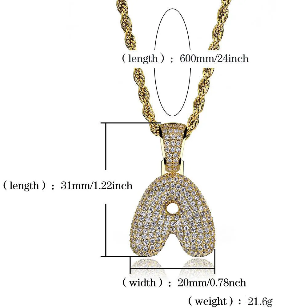 힙합 A-Z 거품 편지 펜던트 목걸이 큐빅 지르콘 26 알파벳 매력 금색 색상 트위스트 로프 체인 남성 여성 쥬얼리 선물