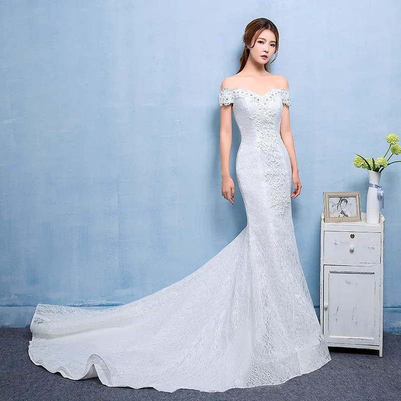 Foto reale sexy abito da sposa treno sirena 2018 nuovo stile coreano Smiple pizzo cristallo Fishtail sposa principessa estidos de noiva