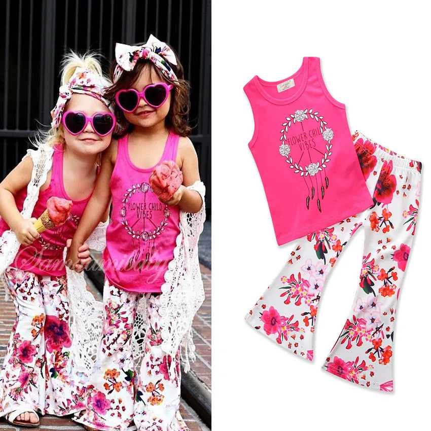 2018 New Fashion Girls Sets Set di abbigliamento per bambina per ragazze Rosa Rossa Vest + Pantaloni a zampa di elefante Fiori stampati in puro cotone per bebè