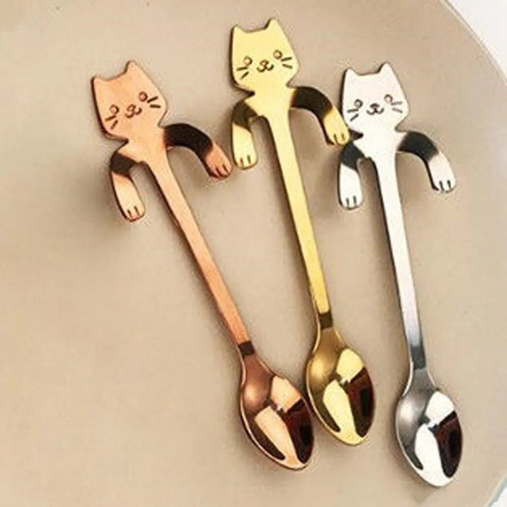 熱いかわいい漫画の笑顔の猫304ステンレス鋼のティーコーヒー子供の餌スプーンアイスクリーム食器の赤ちゃんクリスマスギフト