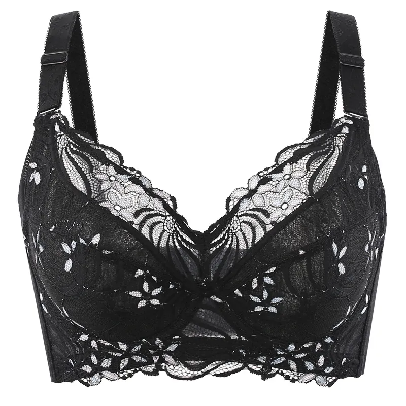 Cacique Black Floral Lace Padded Bra Unlined Full Coverage Size 44