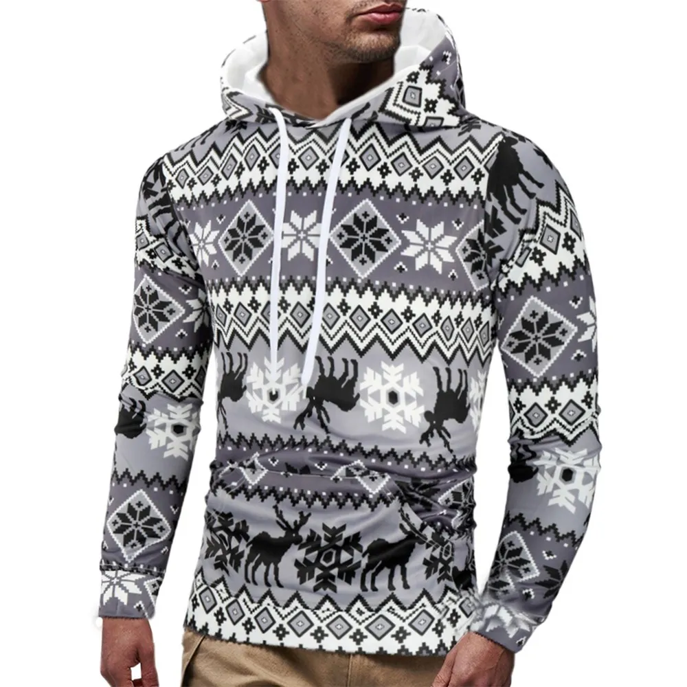 Mens Casual Noël imprimé à manches longues pull sweat à capuche manteau haut